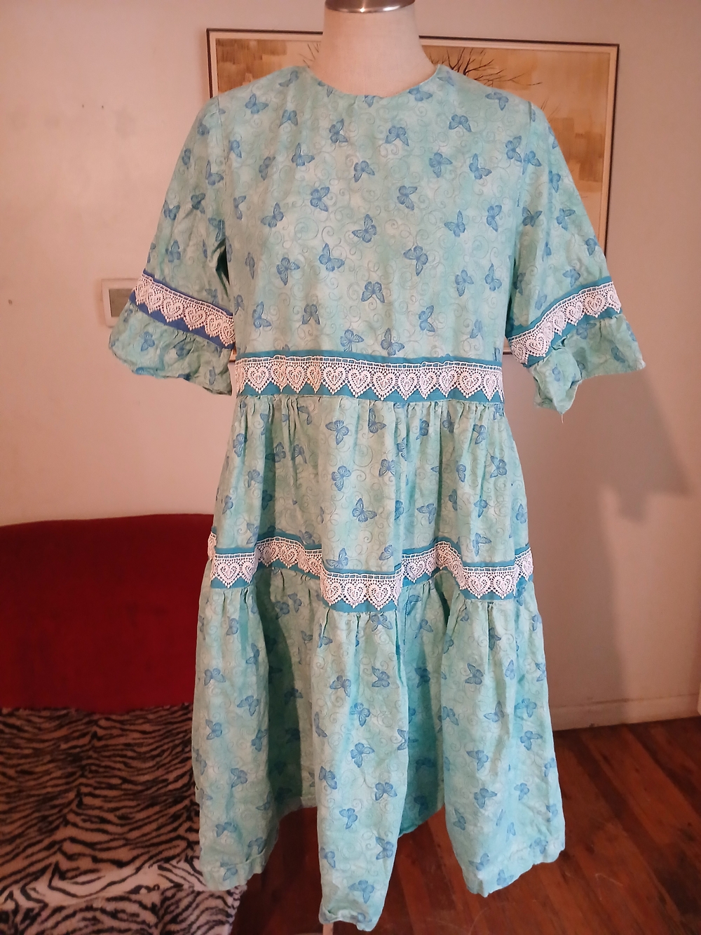 Blue Butterfly Print Lace-Trim Square Dancing Dress